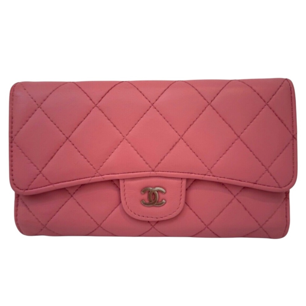 Authentic Chanel CC Quilted Pink BIFOLD Leather Long Flap Wallet